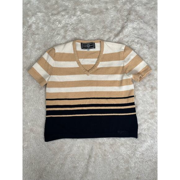 Vintage St. John Sport Marie Gray Small Santana Knit Tan White Black Striped Tee - Picture 2 of 5